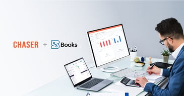 laptop using zoho books accounting software and chaser accounts receivables software at a desk