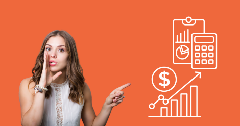 woman with secret pointing at icons showing accurate bookkeeping and revenue growth