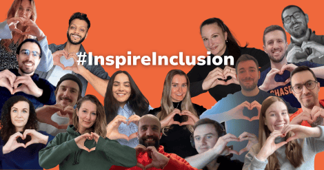 the Chaser team doing the #inspireinclusion sign to promote the IWD 2024