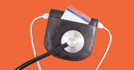 checking the credit state of a business with a stethoscope in an orange background
