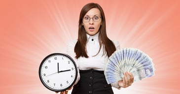Woman holding clock and cash unsure how to manage her credit control without a credit controller