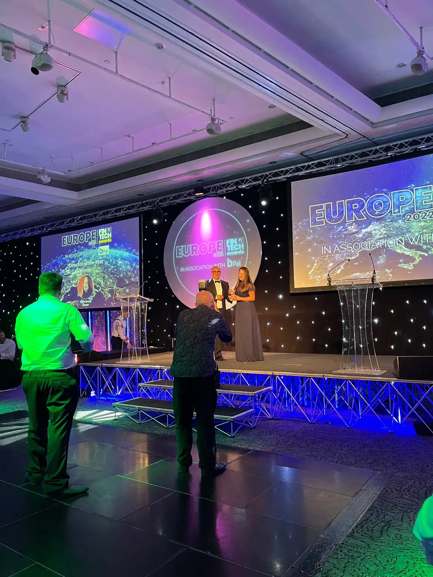 sonia dorais ceo at chaser receiving director of the year award at europe fintech awards 2022