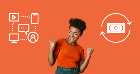 woman happy looking at multi channel payment chasing options and having a good cash flow