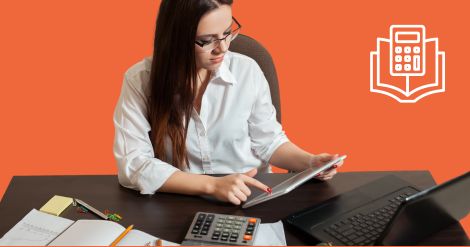 woman bookkeeping and calculating accounts with calculator and laptop
