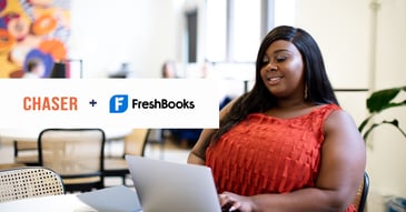 woman using laptop for accounts receivables smiling with freshbooks logo and chaser logo