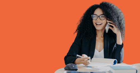 Woman asking for payments over the phone confidently and happy