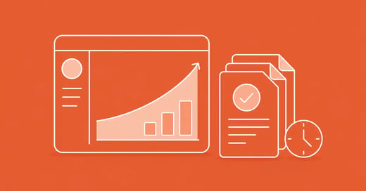 Accounts receivable dashboard showing a rising cash flow curve beside a stack of invoices marked paid, on Chaser orange