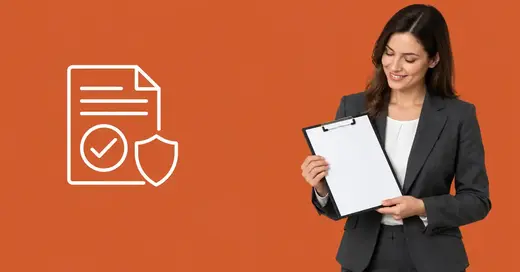 Finance manager holding a clipboard with a blank form beside a line icon of a document with a checkmark and a shield, representing a business credit application being reviewed and approved