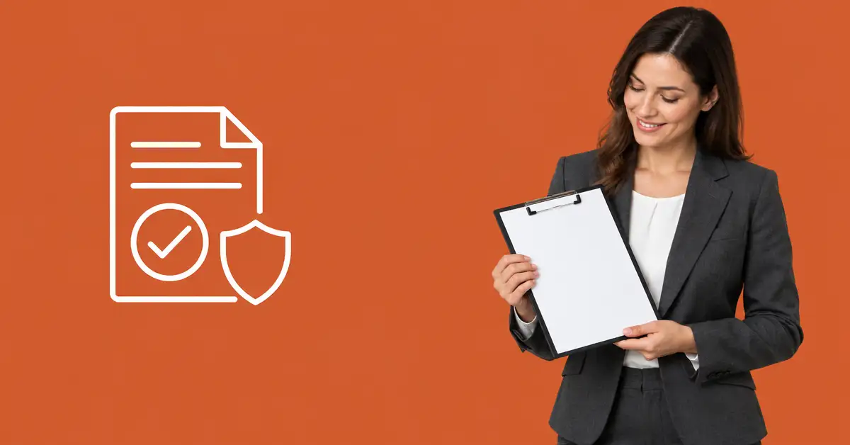 Finance manager holding a clipboard with a blank form beside a line icon of a document with a checkmark and a shield, representing a business credit application being reviewed and approved