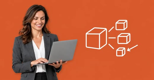 Finance professional with a laptop beside an icon of one large block splitting into three smaller blocks on an orange background, representing choosing a focused accounts receivable tool over a broad finance suite