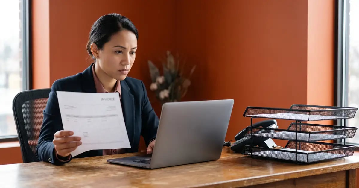 Finance professional holding an unpaid invoice while checking a laptop, with an empty letter tray beside them, on a Chaser orange background