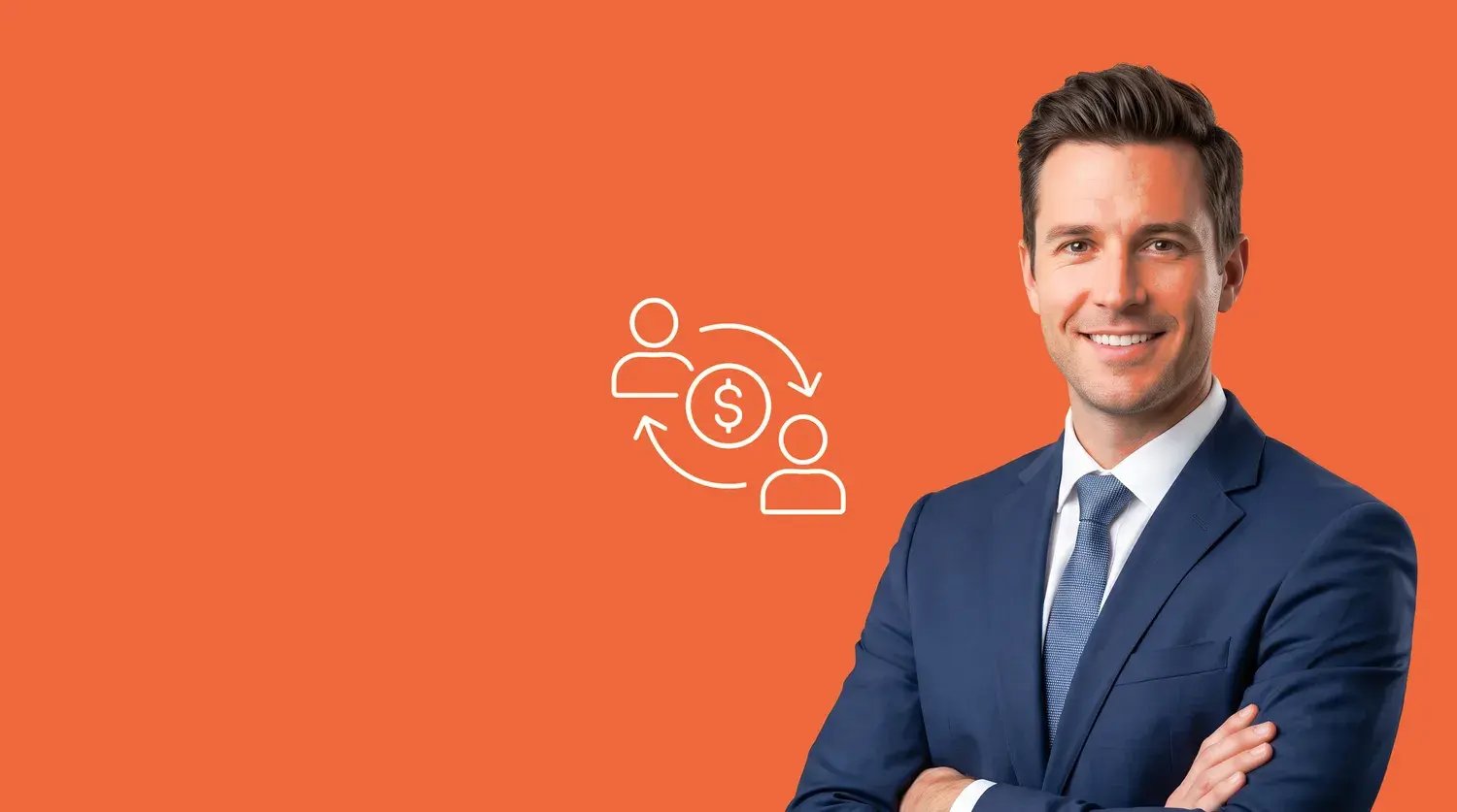 Businessman beside an icon of two people exchanging money, illustrating payee versus payer, on a Chaser orange background