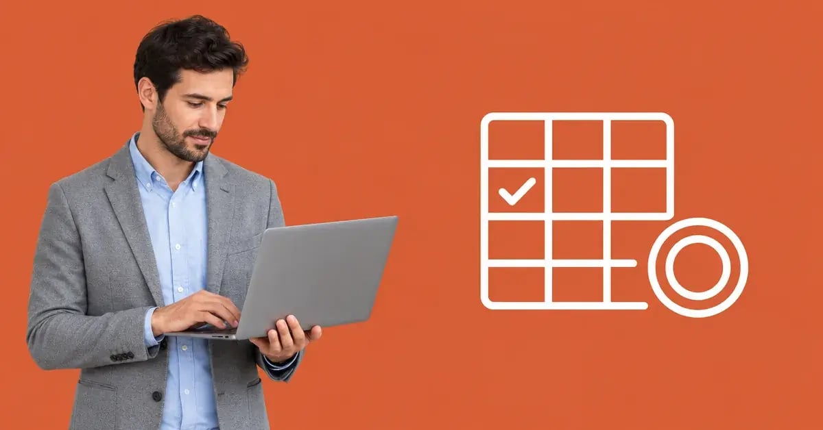 Finance professional holding a laptop beside a white spreadsheet icon with a check mark and a coin, on a Chaser orange background