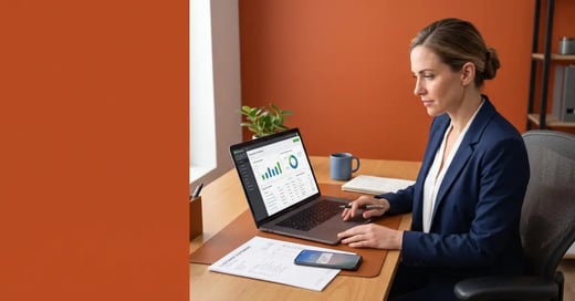 Finance team member reviewing QuickBooks invoices and reminder settings on a laptop against a Chaser orange background