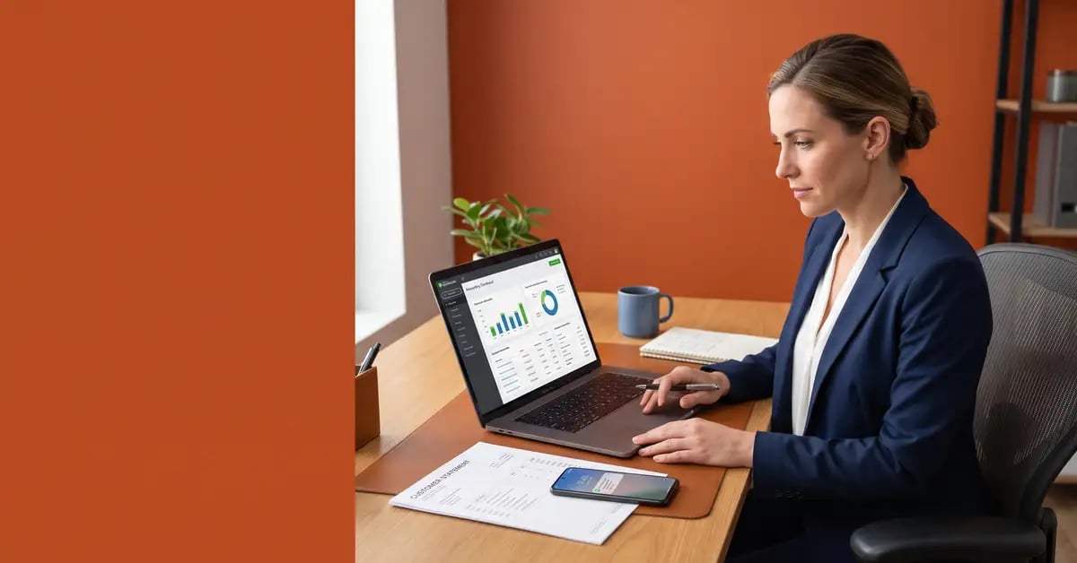 Finance team member reviewing QuickBooks invoices and reminder settings on a laptop against a Chaser orange background