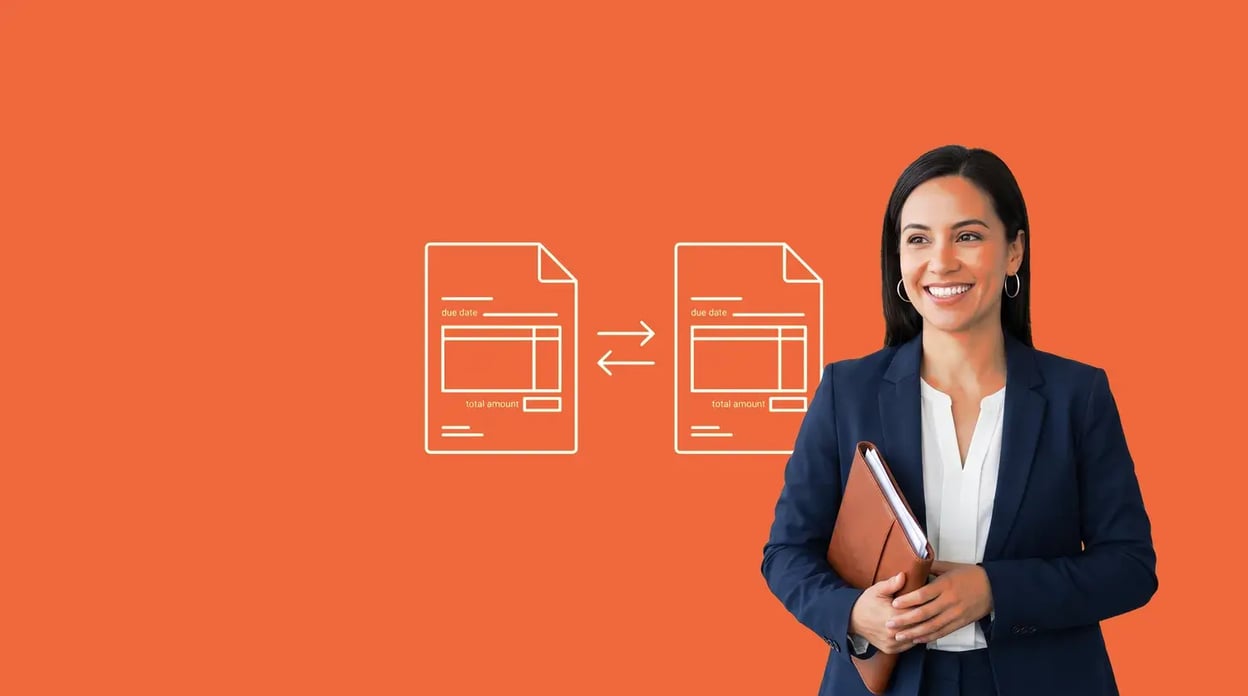 Businesswoman holding documents beside an icon of two invoices exchanging, illustrating sales invoice versus purchase invoice, on a Chaser orange background