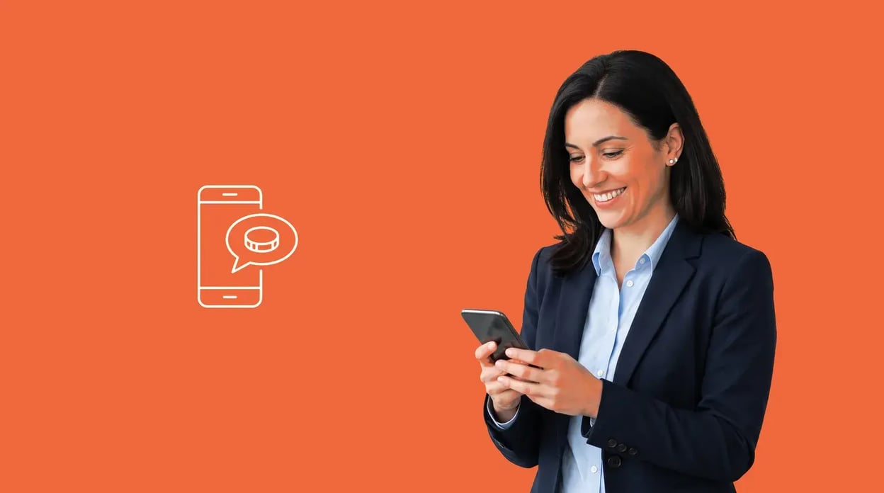 Businesswoman reading a payment reminder on her phone beside a phone-and-coin icon, on a Chaser orange background