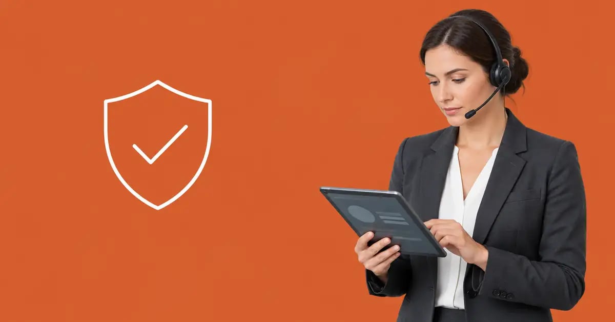 Credit controller wearing a headset and reviewing accounts on a tablet beside a line icon of a shield with a tick, representing protected cash flow