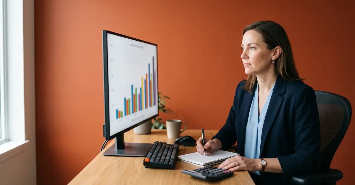 Finance manager studying a rising cash flow chart on a monitor with a notebook and calculator at hand, on a Chaser orange background