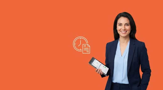 Finance professional holding a tablet beside a clock and invoice icon, illustrating automated credit control in Xero, on a Chaser orange background