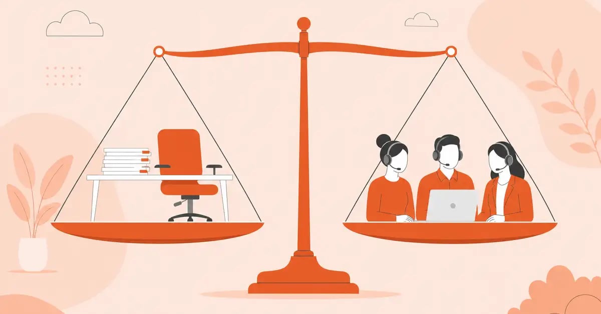 Balanced scale weighing an in-house credit controller's desk against an outsourced credit control team