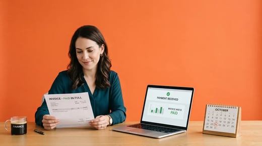 Finance professional at a desk reviewing an invoice marked paid in full, with a laptop showing a payment received confirmation, on a Chaser orange background