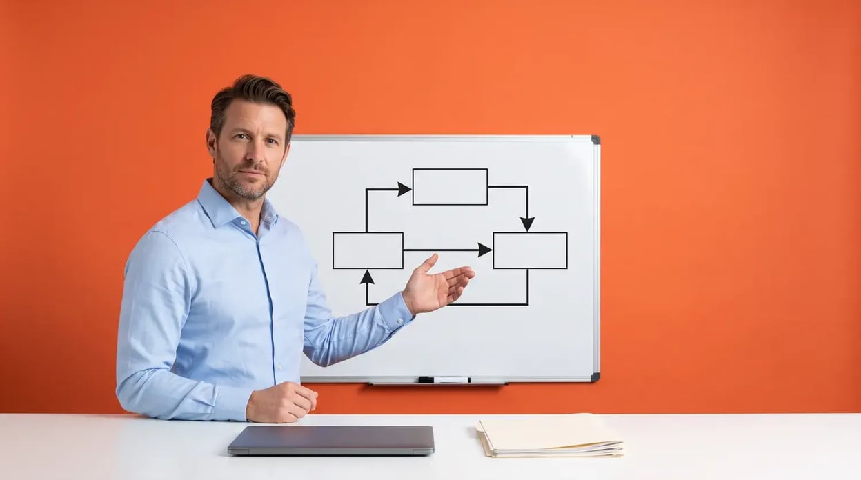 Credit controller presenting a process flow diagram on a whiteboard beside a desk, illustrating the stages of the credit control process, on a Chaser orange background