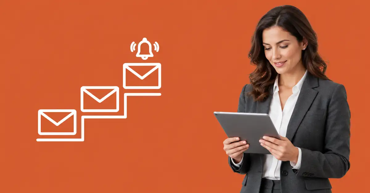 Finance manager reading a tablet beside a line icon of three envelopes rising like steps toward a bell, representing escalating dunning reminders
