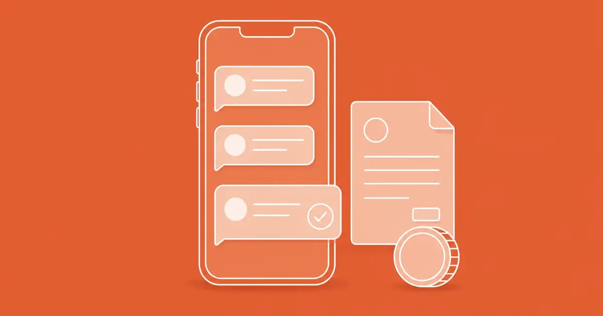 Smartphone showing a series of payment reminder text messages, the last marked as paid, beside an invoice and a coin