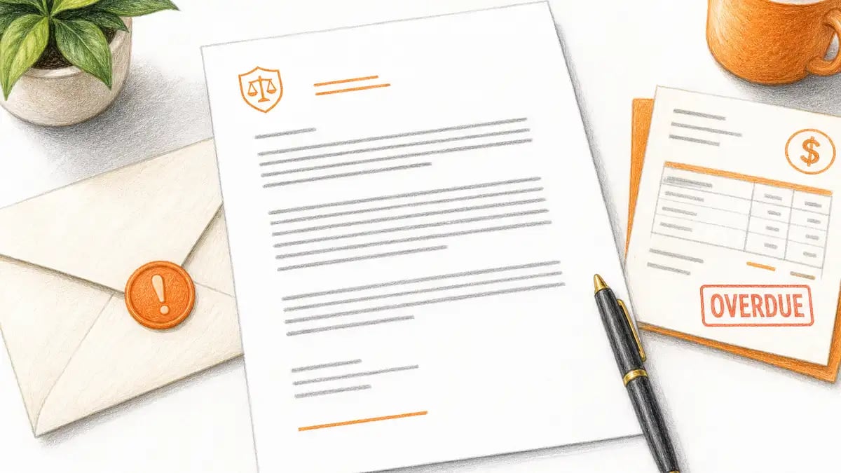 A formal demand letter for payment on a desk with an envelope, pen, and overdue invoice