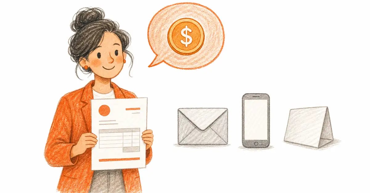 Illustration of a professional politely asking for payment, with envelope, phone, and letter icons for each channel