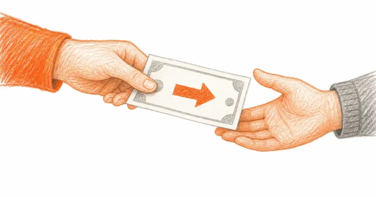 Illustration of one hand giving a banknote to another, showing the payer and the payee