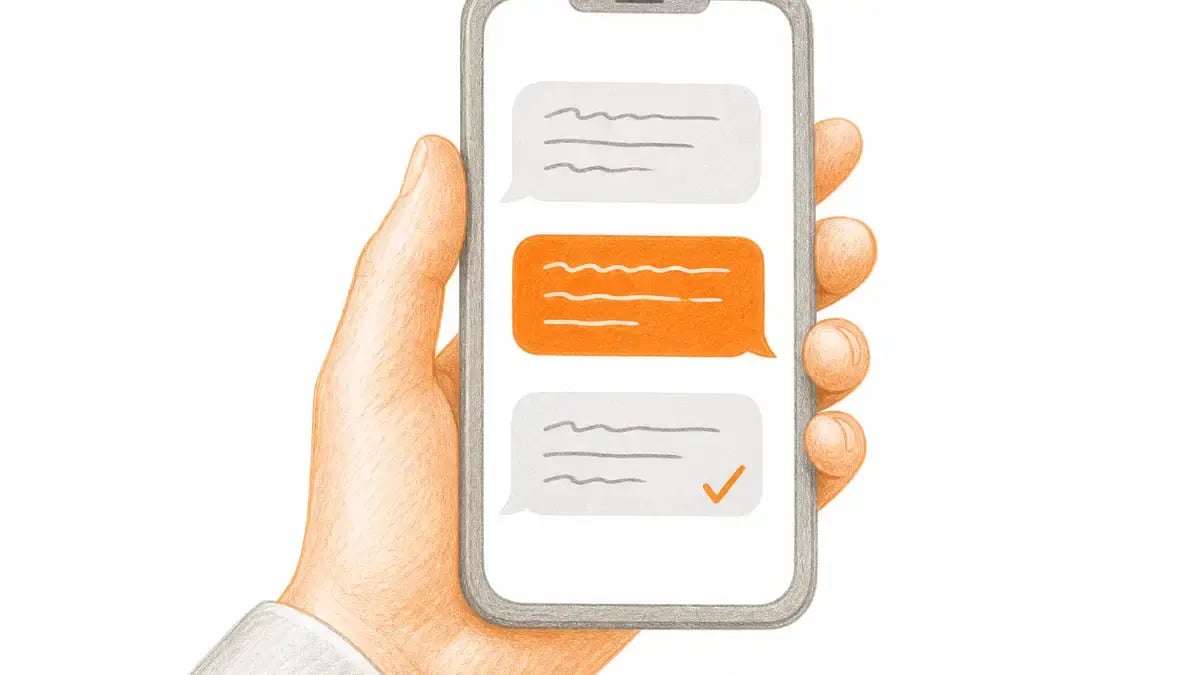 Hand holding a smartphone showing a payment reminder text message conversation