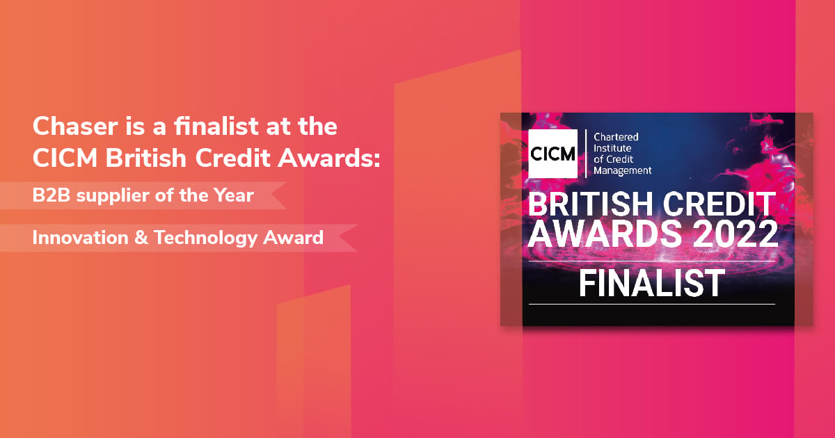 Chaser has been shortlisted as a finalist for two awards at the CICM British Credit Awards 2022: B2B Supplier of the Year and Innovation & Technology Award CICM awards logo with pink background