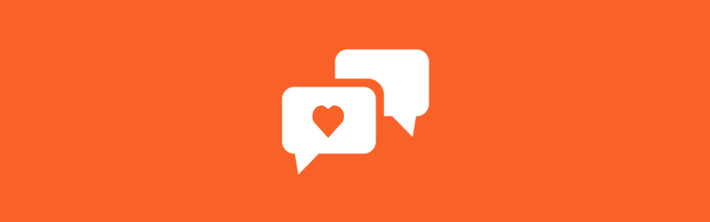 White heart in a speech bubble icon on an orange background