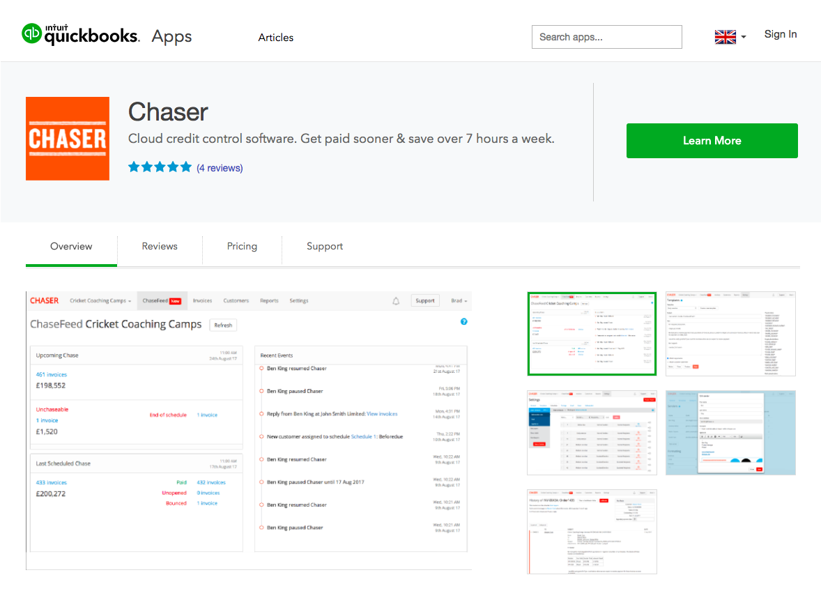 QuickBooks Online app store showing Chaser's listing