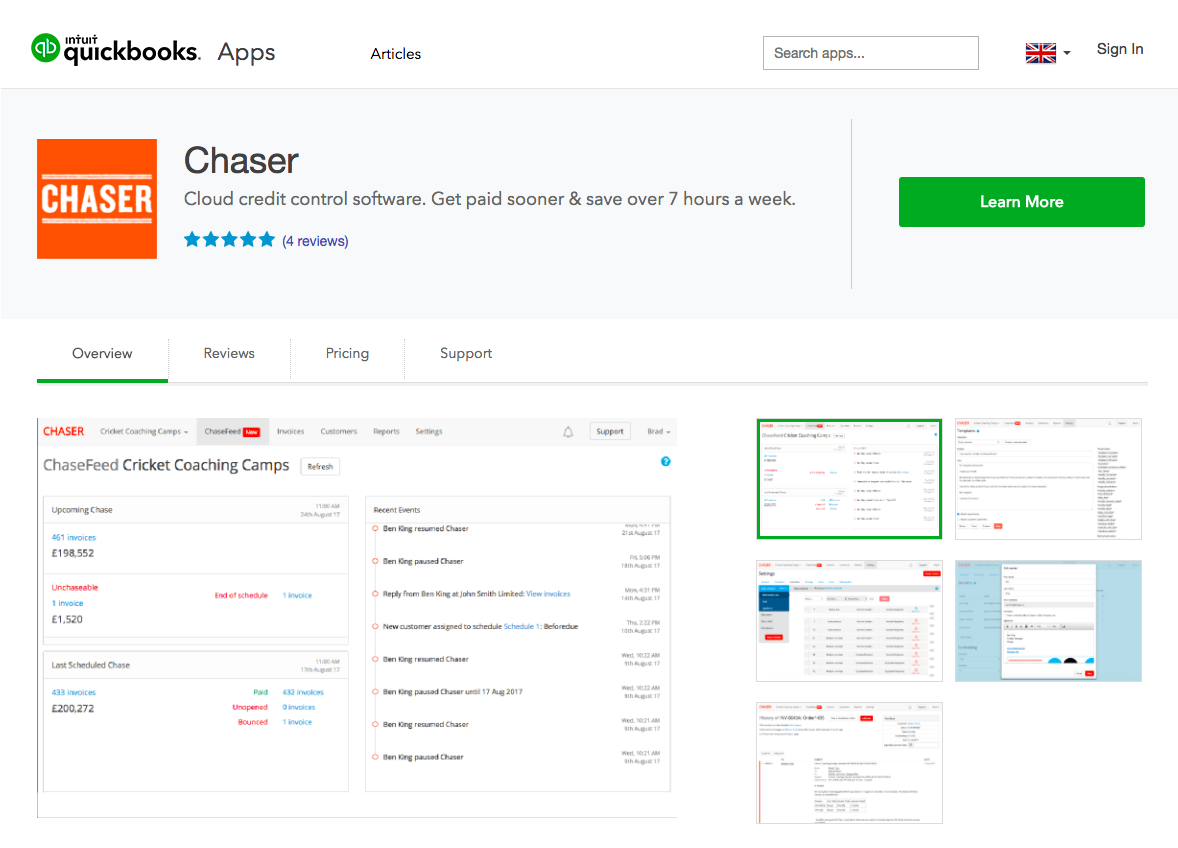 QuickBooks Online app store showing Chaser's listing