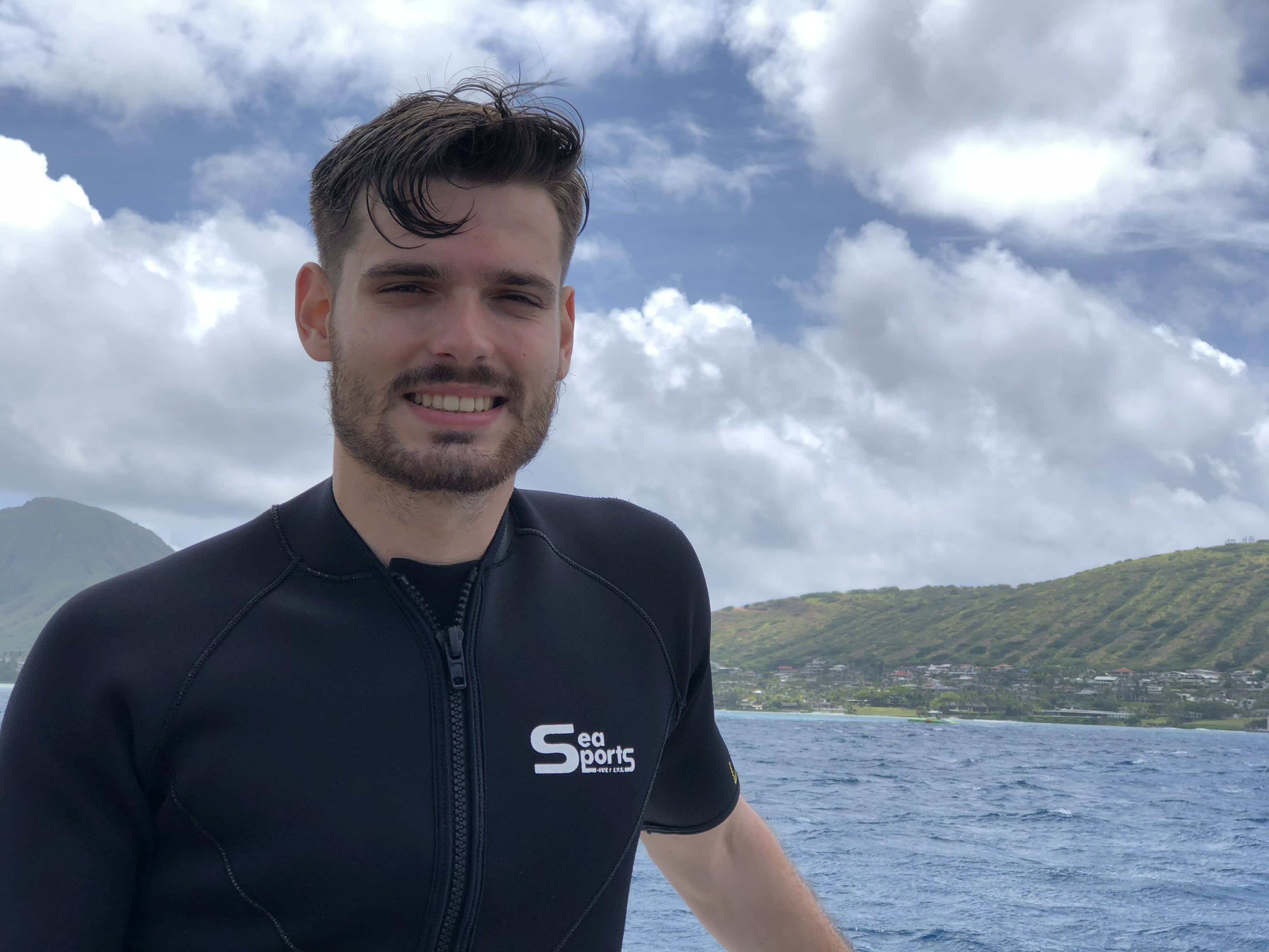 Pedro ready to swim with turtles in Oahu