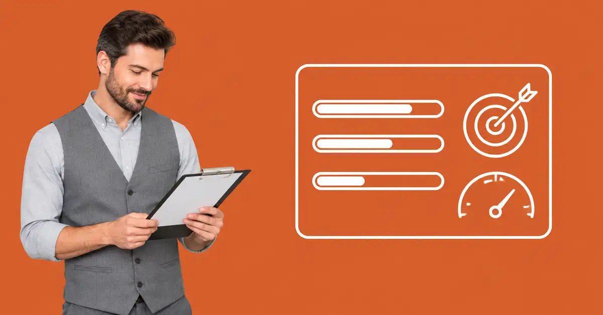 Accounts receivable specialist reading a clipboard beside a white line icon of a scorecard with progress bars, a target, and a gauge, representing accounts receivable KPIs