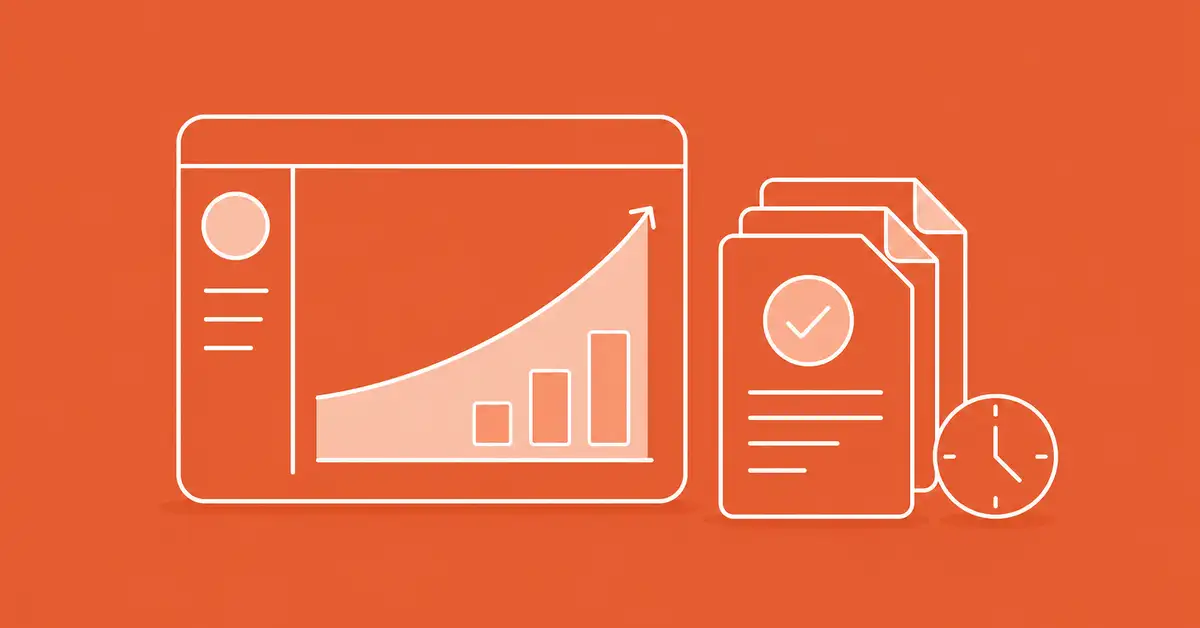 Accounts receivable dashboard showing a rising cash flow curve beside a stack of invoices marked paid, on Chaser orange