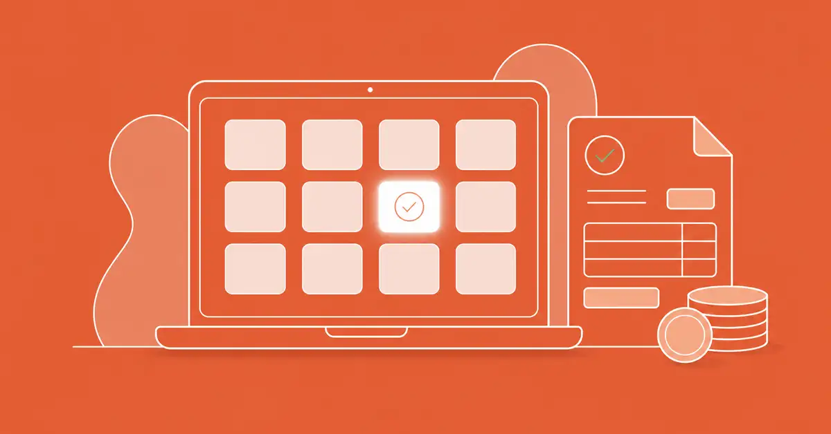 Comparison grid of twelve credit control software tools on a laptop screen next to a paid invoice, on Chaser orange