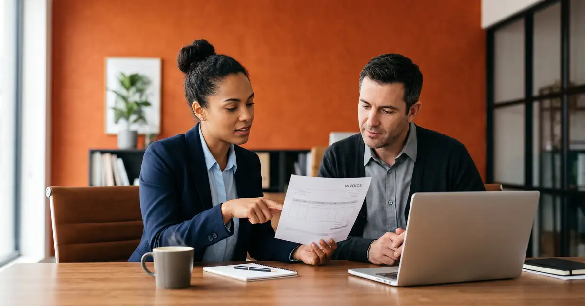 Two finance professionals reviewing a printed invoice together at a desk against a Chaser orange background