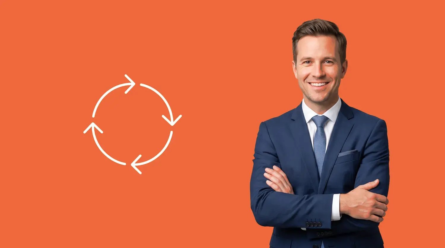 Finance professional beside a circular order-to-cash process icon, illustrating order-to-cash software, on a Chaser orange background