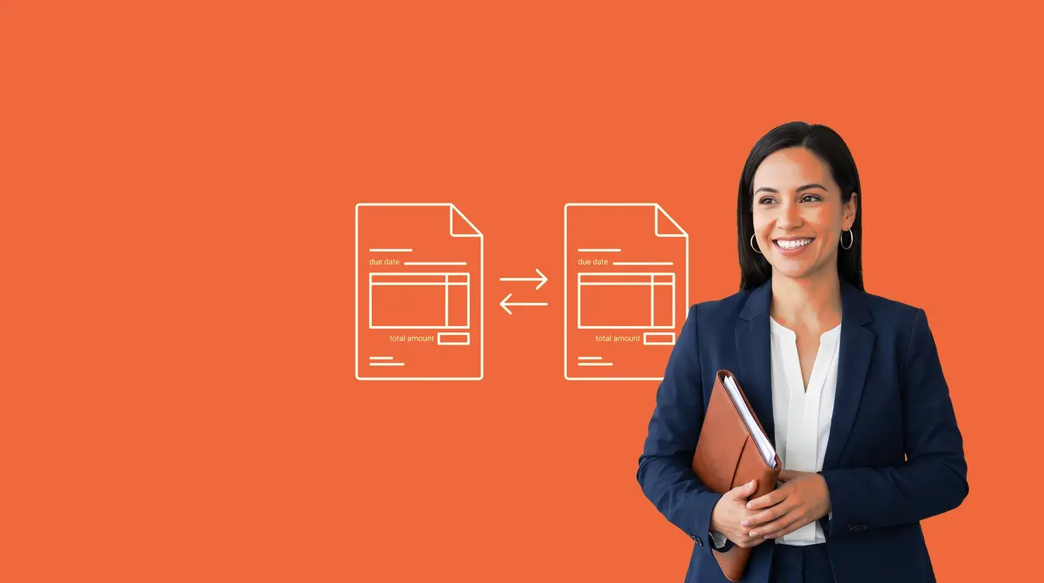 Businesswoman holding documents beside an icon of two invoices exchanging, illustrating sales invoice versus purchase invoice, on a Chaser orange background
