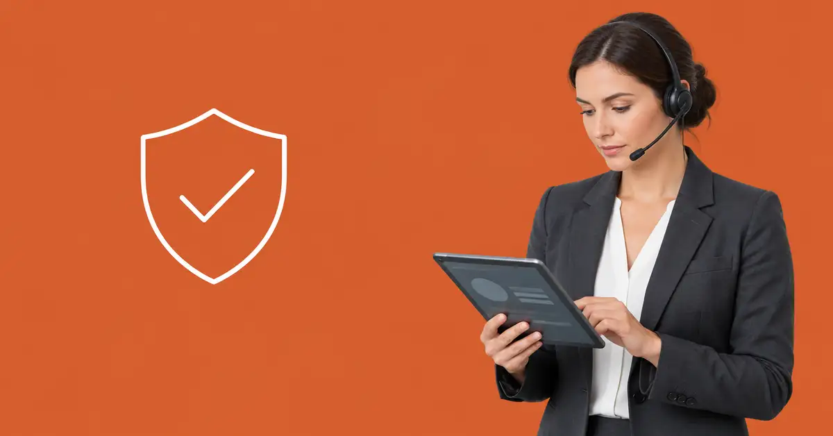 Credit controller wearing a headset and reviewing accounts on a tablet beside a line icon of a shield with a tick, representing protected cash flow