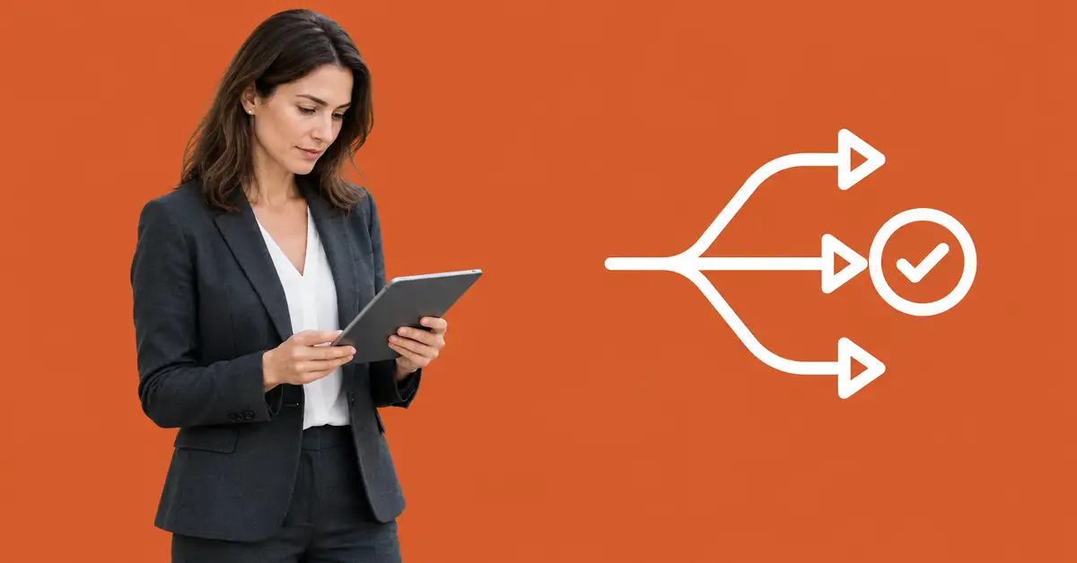 Finance manager reviewing AR software options on a tablet, beside an icon of one path splitting into three choices