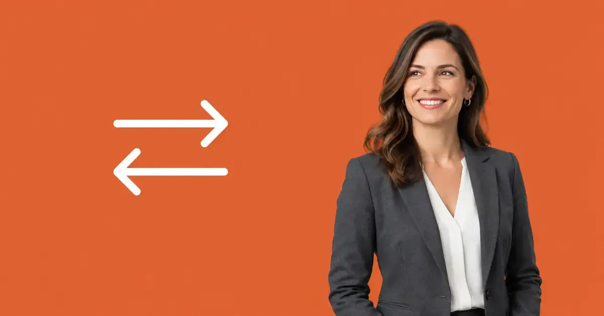 Finance professional beside a switching-arrows icon on an orange background, representing a move between accounts receivable platforms