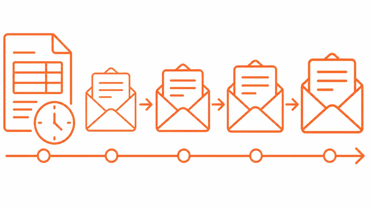 Illustration of a payment reminder email sequence chasing an overdue invoice from gentle reminder to final notice