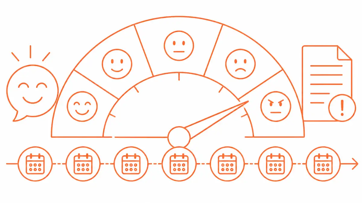 Illustration of a friendly tone scale shifting from gentle first reminder to firm final payment notice as an invoice ages