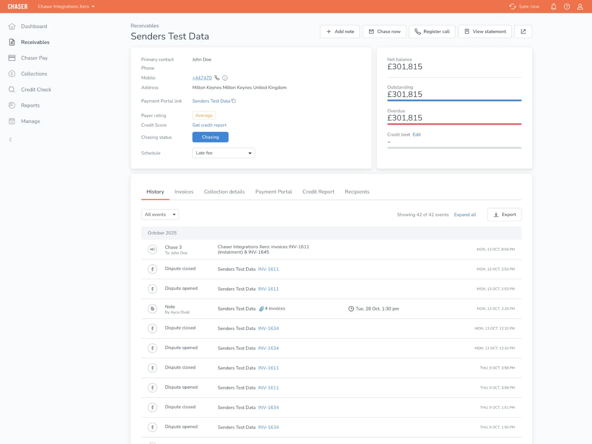 Chaser dashboard showing automated payment chasing schedules and sender configuration
